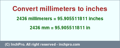Result converting 2436 millimeters to inches = 95.905511811 inches