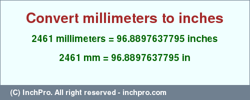 Result converting 2461 millimeters to inches = 96.8897637795 inches