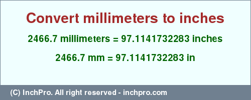 Result converting 2466.7 millimeters to inches = 97.1141732283 inches