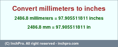 Result converting 2486.8 millimeters to inches = 97.905511811 inches