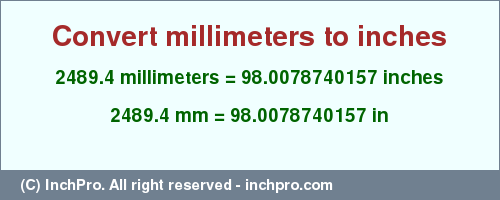 Result converting 2489.4 millimeters to inches = 98.0078740157 inches