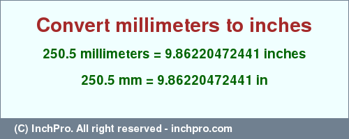 Result converting 250.5 millimeters to inches = 9.86220472441 inches