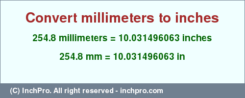 Result converting 254.8 millimeters to inches = 10.031496063 inches