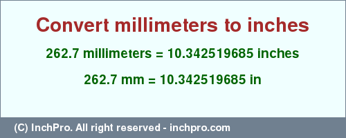 Result converting 262.7 millimeters to inches = 10.342519685 inches