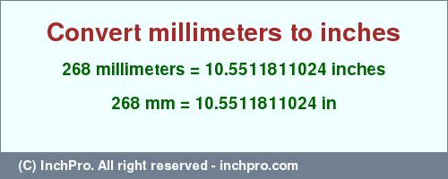 Result converting 268 millimeters to inches = 10.5511811024 inches