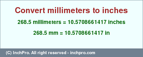 Result converting 268.5 millimeters to inches = 10.5708661417 inches