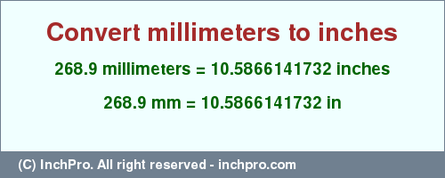 Result converting 268.9 millimeters to inches = 10.5866141732 inches