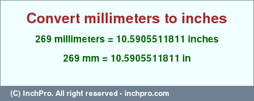 Result converting 269 millimeters to inches = 10.5905511811 inches