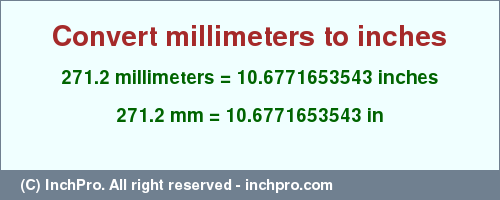 Result converting 271.2 millimeters to inches = 10.6771653543 inches