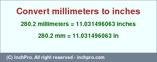 Result converting 280.2 millimeters to inches = 11.031496063 inches