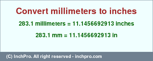 Result converting 283.1 millimeters to inches = 11.1456692913 inches