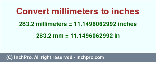 Result converting 283.2 millimeters to inches = 11.1496062992 inches