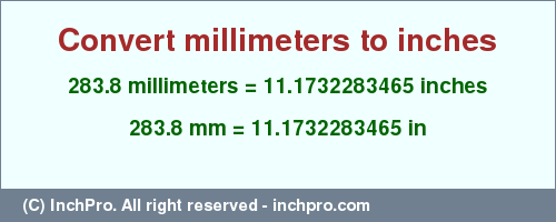 Result converting 283.8 millimeters to inches = 11.1732283465 inches