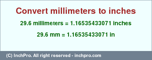 Result converting 29.6 millimeters to inches = 1.16535433071 inches