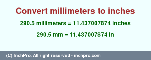 Result converting 290.5 millimeters to inches = 11.437007874 inches