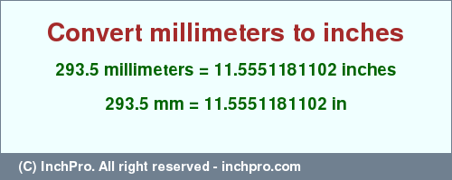 Result converting 293.5 millimeters to inches = 11.5551181102 inches