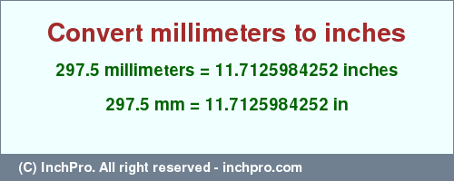 Result converting 297.5 millimeters to inches = 11.7125984252 inches