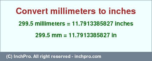 Result converting 299.5 millimeters to inches = 11.7913385827 inches