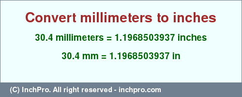 Result converting 30.4 millimeters to inches = 1.1968503937 inches