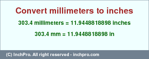 Result converting 303.4 millimeters to inches = 11.9448818898 inches