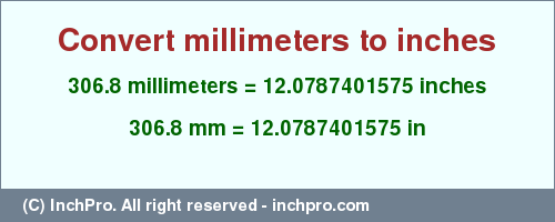 Result converting 306.8 millimeters to inches = 12.0787401575 inches