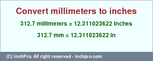 Result converting 312.7 millimeters to inches = 12.311023622 inches