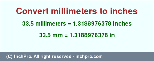 Result converting 33.5 millimeters to inches = 1.3188976378 inches
