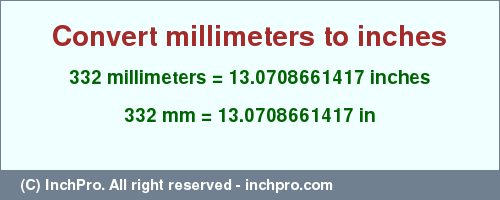 Result converting 332 millimeters to inches = 13.0708661417 inches