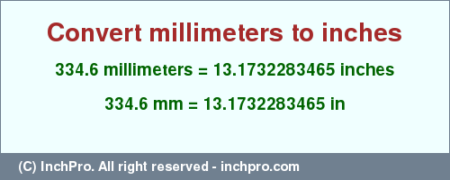 Result converting 334.6 millimeters to inches = 13.1732283465 inches