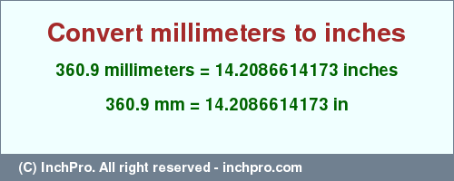 Result converting 360.9 millimeters to inches = 14.2086614173 inches