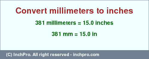 Result converting 381 millimeters to inches = 15.0 inches