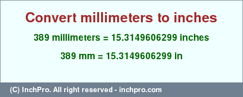 Result converting 389 millimeters to inches = 15.3149606299 inches