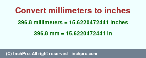 Result converting 396.8 millimeters to inches = 15.6220472441 inches