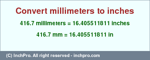 Result converting 416.7 millimeters to inches = 16.405511811 inches