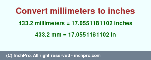 Result converting 433.2 millimeters to inches = 17.0551181102 inches