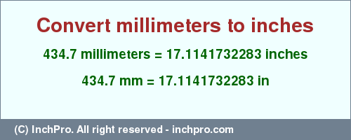Result converting 434.7 millimeters to inches = 17.1141732283 inches