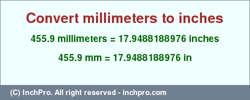 Result converting 455.9 millimeters to inches = 17.9488188976 inches