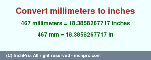 Result converting 467 millimeters to inches = 18.3858267717 inches