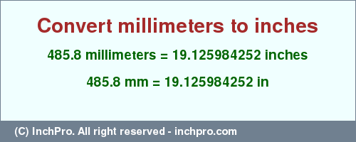 Result converting 485.8 millimeters to inches = 19.125984252 inches