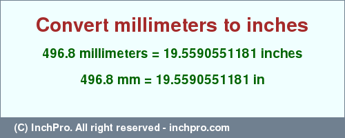 Result converting 496.8 millimeters to inches = 19.5590551181 inches