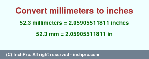 Result converting 52.3 millimeters to inches = 2.05905511811 inches