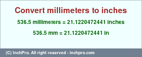 Result converting 536.5 millimeters to inches = 21.1220472441 inches