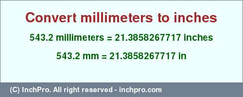 Result converting 543.2 millimeters to inches = 21.3858267717 inches