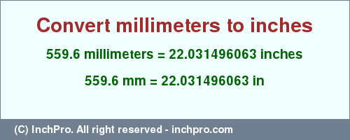 Result converting 559.6 millimeters to inches = 22.031496063 inches