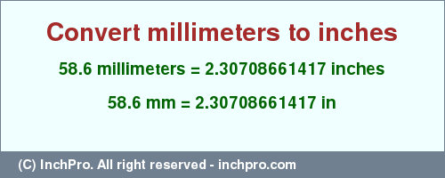 Result converting 58.6 millimeters to inches = 2.30708661417 inches