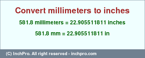 Result converting 581.8 millimeters to inches = 22.905511811 inches