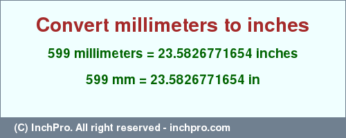 Result converting 599 millimeters to inches = 23.5826771654 inches