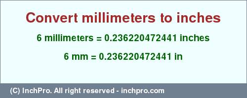 Result converting 6 millimeters to inches = 0.236220472441 inches
