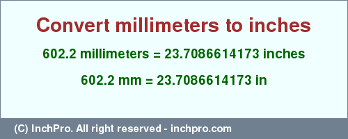 Result converting 602.2 millimeters to inches = 23.7086614173 inches