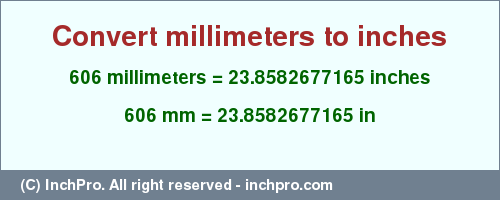 Result converting 606 millimeters to inches = 23.8582677165 inches